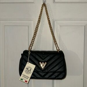Valentino Orlandi Black Quilted Handbag With Gold Chain Strap NWT